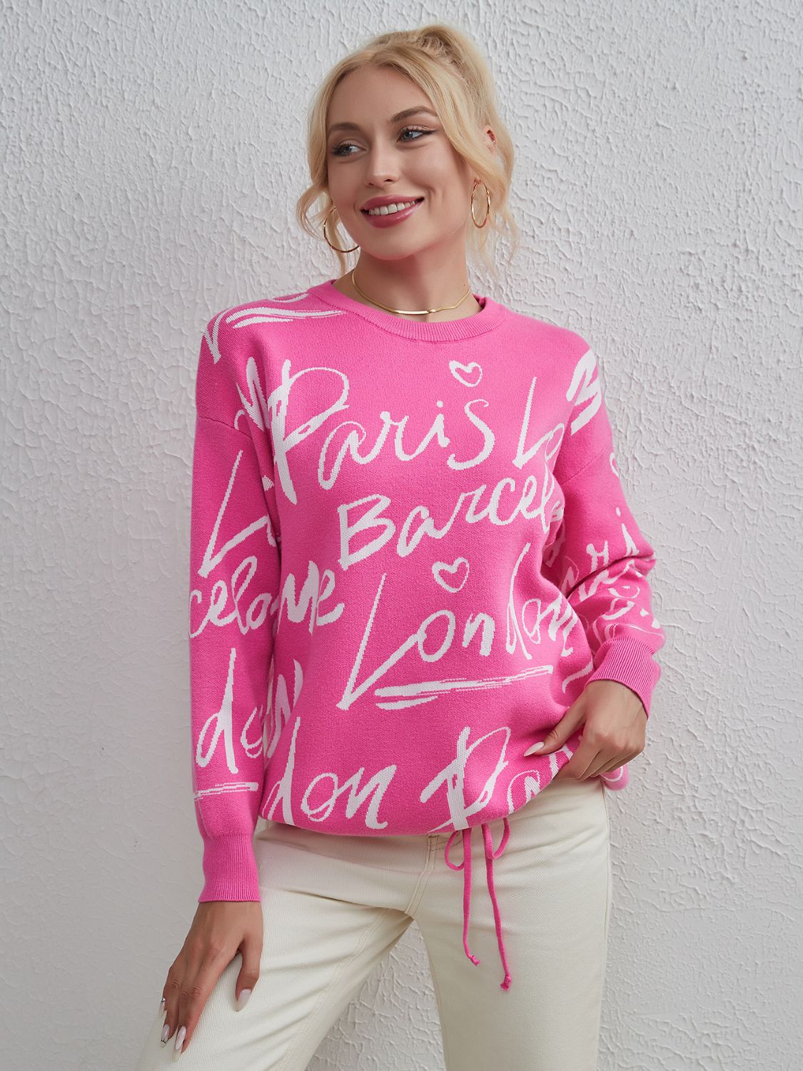 Drawstring Hem Letter Pattern Round Neck Dropped Shoulder Sweater - Pahabu - Women's Clothing & Shop