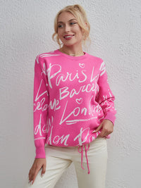 Drawstring Hem Letter Pattern Round Neck Dropped Shoulder Sweater - Pahabu - Women's Clothing & Shop