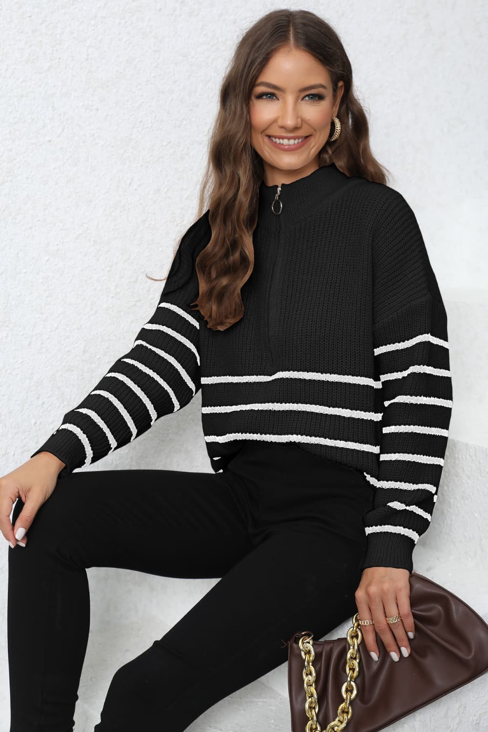 Mock Neck Long Sleeve Zip-Up Sweater - Pahabu - Women's Clothing & Shop