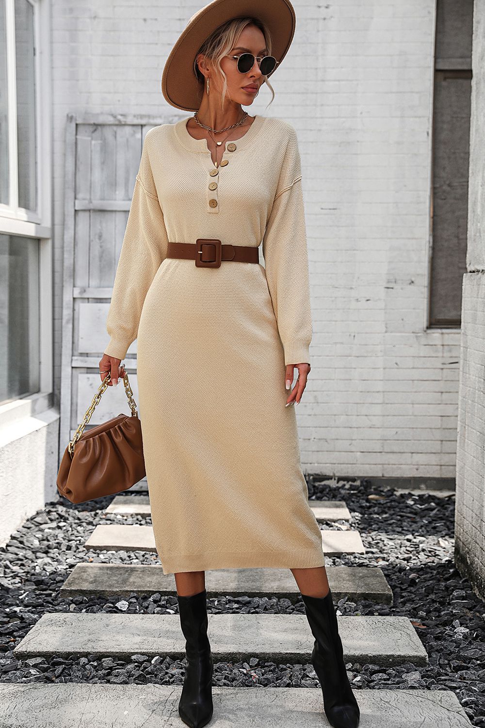 Notched Neck Dropped Shoulder Button-Down Midi Dress - Pahabu - Women's Clothing & Shop