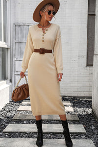 Notched Neck Dropped Shoulder Button-Down Midi Dress - Pahabu - Women's Clothing & Shop
