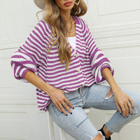Striped Button Down Long Sleeve Cardigan - Pahabu - Women's Clothing & Shop