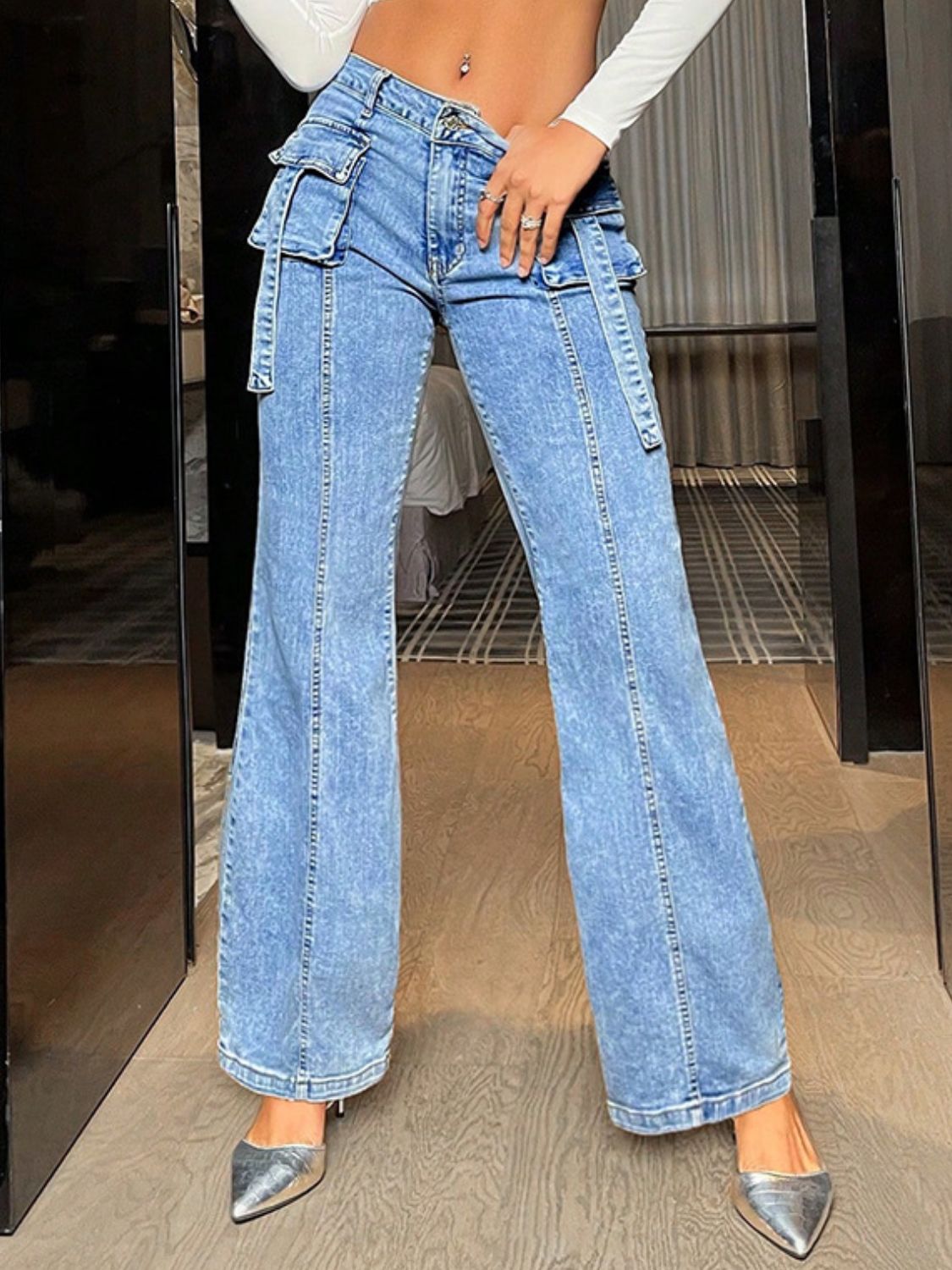 Mid Rise Straight Jeans with Cargo Pockets - Pahabu - Women's Clothing & Shop