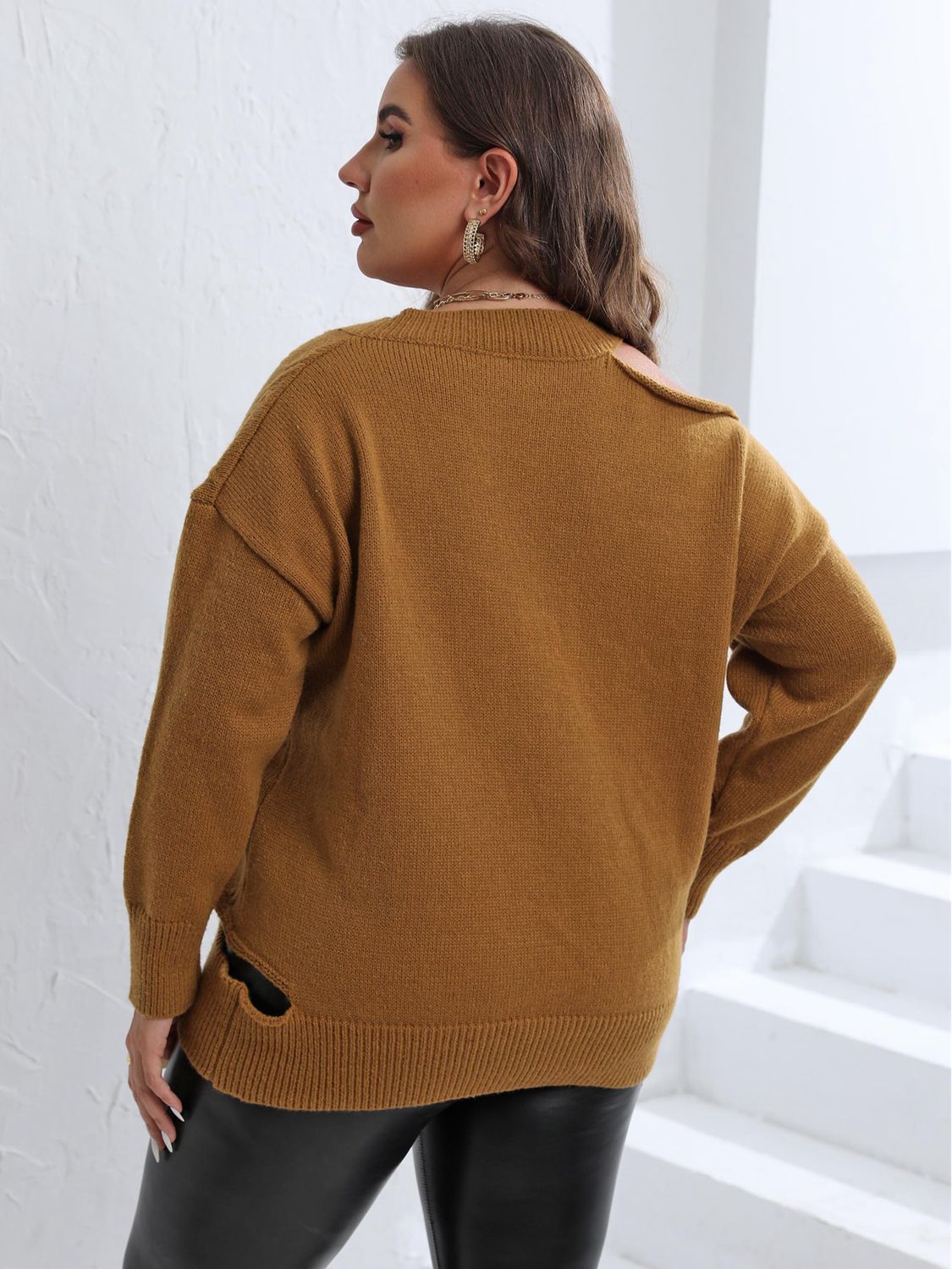 Plus Size Cutout V-Neck Sweater - Pahabu - Women's Clothing & Shop