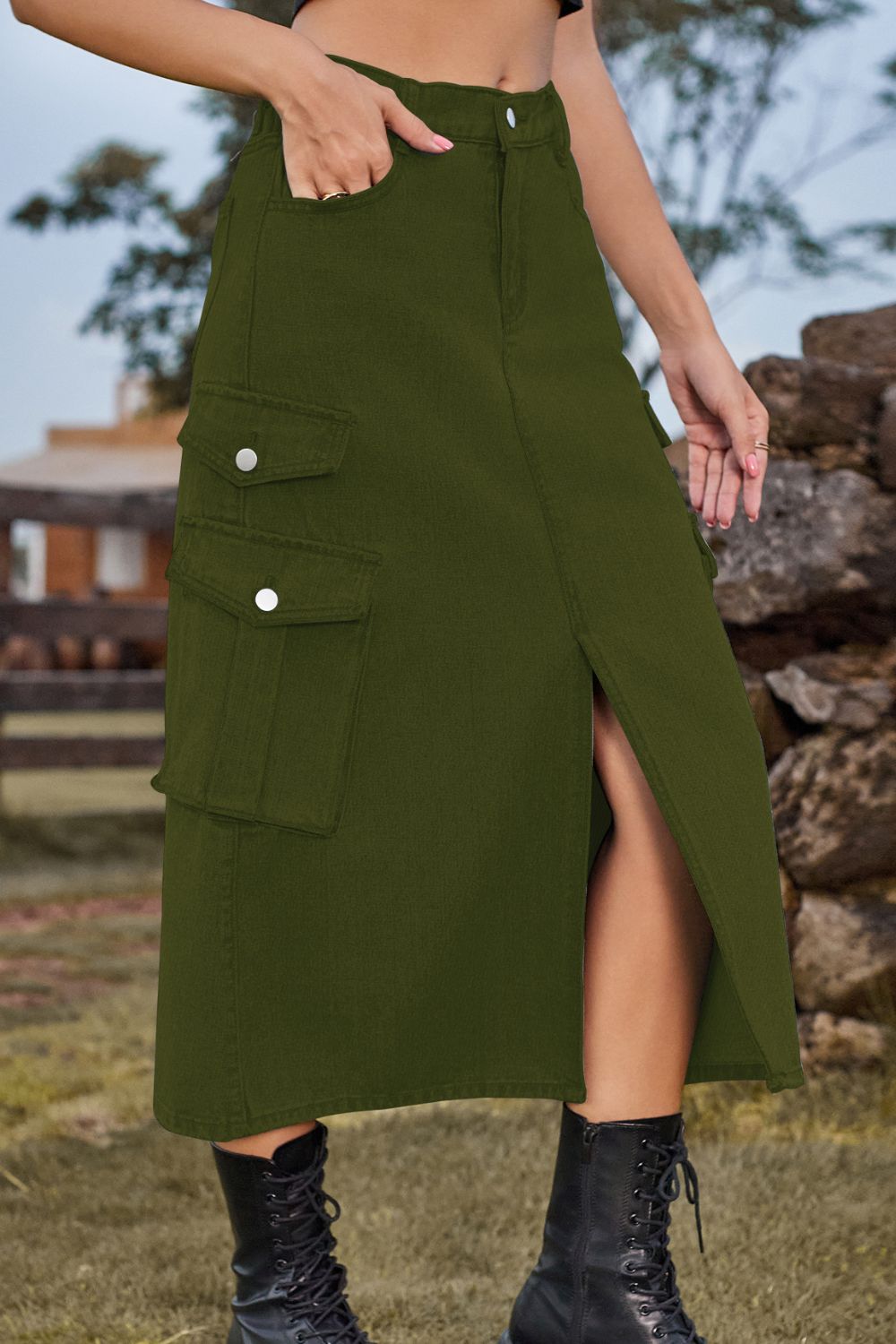 Slit Front Midi Denim Skirt with Pockets - Pahabu - Women's Clothing & Shop
