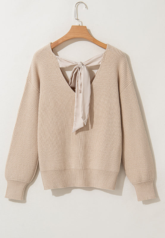 Tied Back V-Neck Long Sleeve Sweater - Pahabu - Women's Clothing & Shop