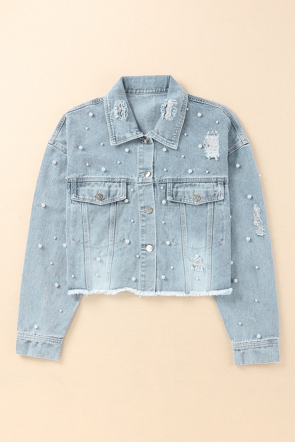 Distressed Pearl Trim Button Up Denim Jacket - Pahabu - Women's Clothing & Shop