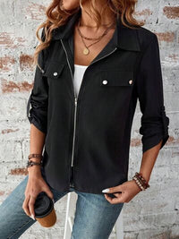 Zip Up Collared Neck Roll-Tab Sleeve Jacket - Pahabu - Women's Clothing & Shop