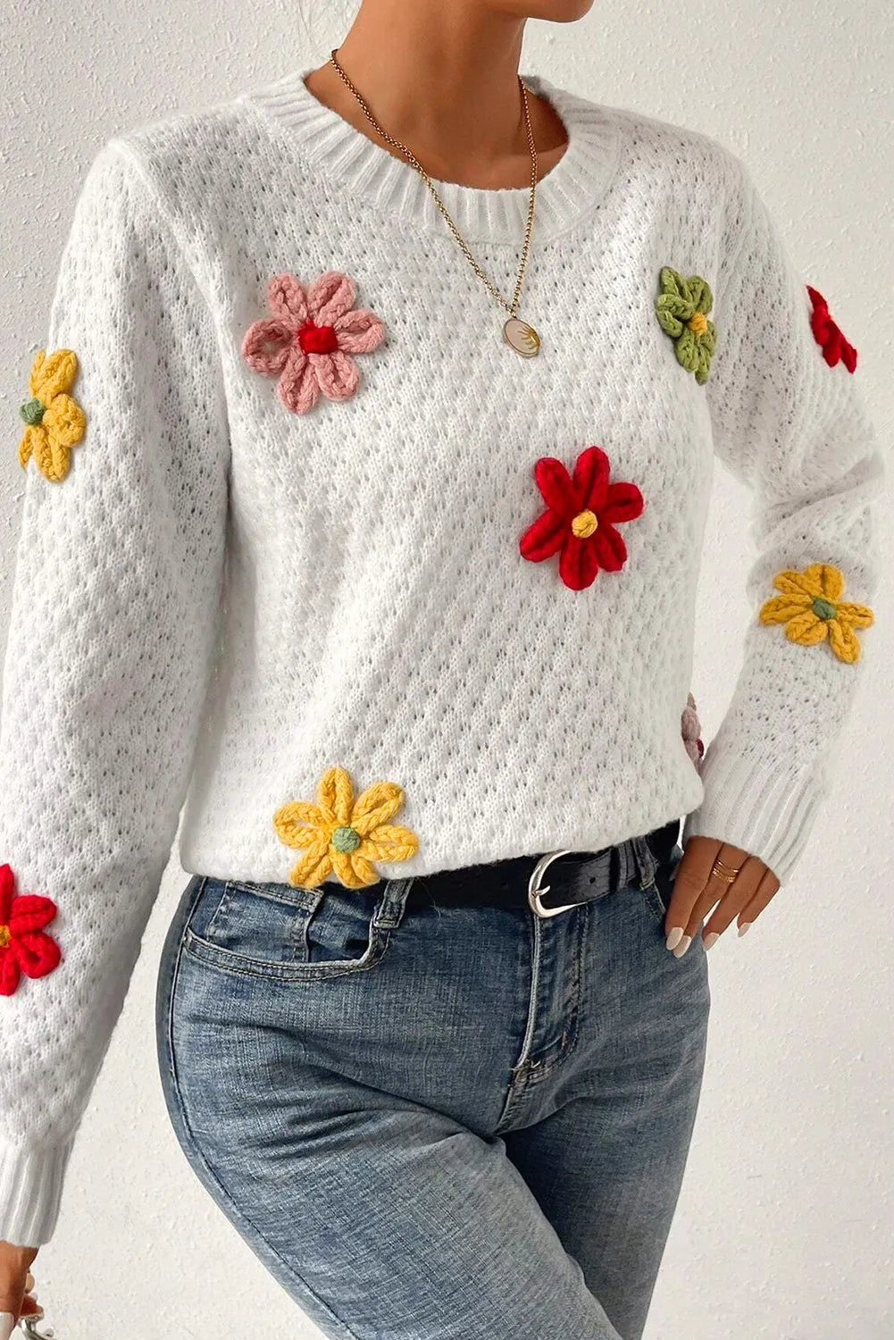 Crochet Flower Round Neck Sweater - Pahabu - Women's Clothing & Shop