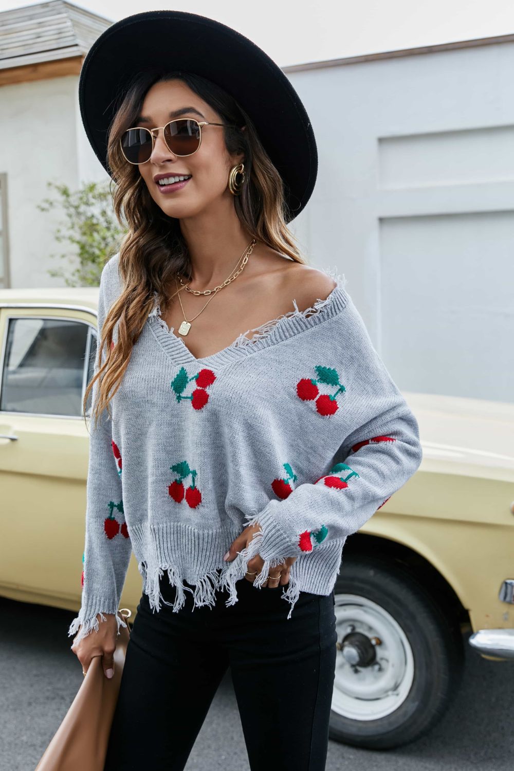 Cherry Pattern Frayed Trim V-Neck Sweater - Pahabu - Women's Clothing & Shop
