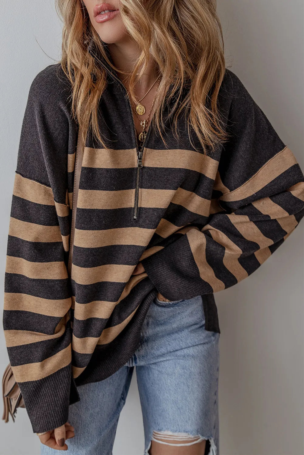 Striped Half Zip Long Sleeve Knit Top - Pahabu - Women's Clothing & Shop