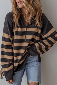Striped Half Zip Long Sleeve Knit Top - Pahabu - Women's Clothing & Shop