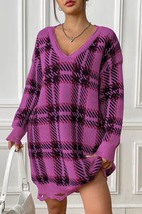 Plaid V-Neck Long Sleeve Sweater Dress - Pahabu - Women's Clothing & Shop