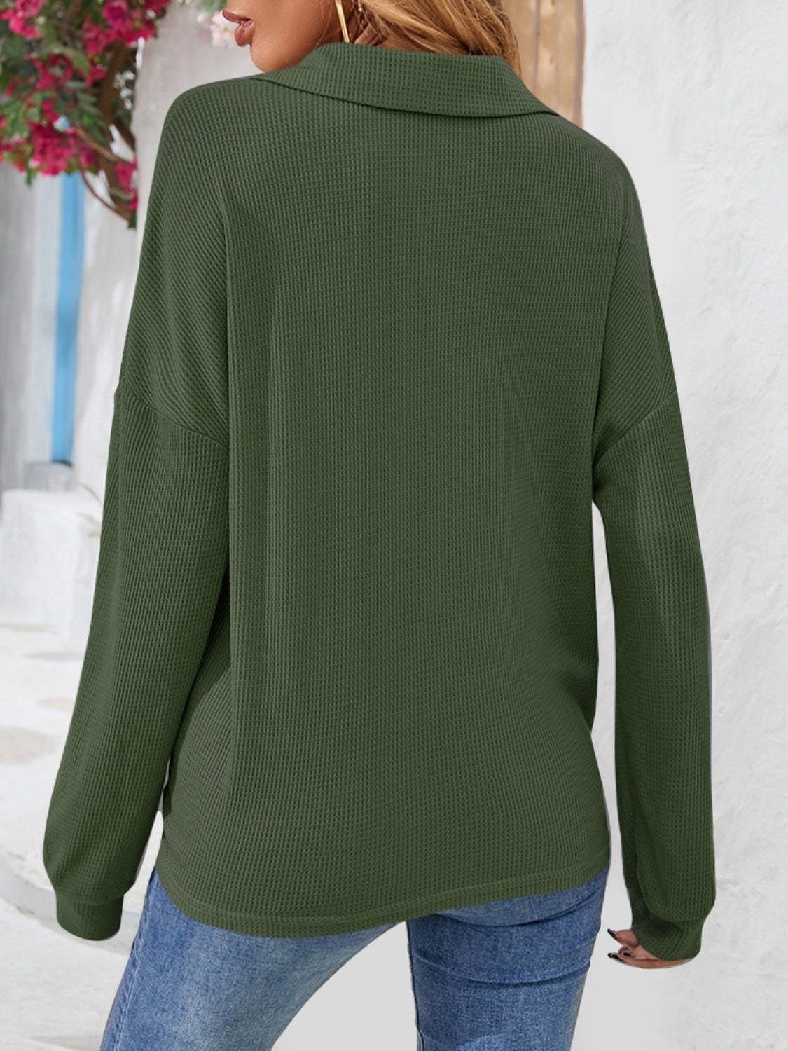 Half Button Collared Neck Long Sleeve Top - Pahabu - Women's Clothing & Shop
