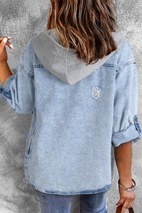 Distressed Button Up Hooded Denim Jacket with Pockets - Pahabu - Women's Clothing & Shop