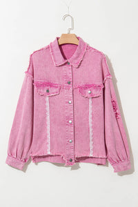Lace Detail Distressed Raw Hem Long Sleeve Denim Jacket - Pahabu - Women's Clothing & Shop