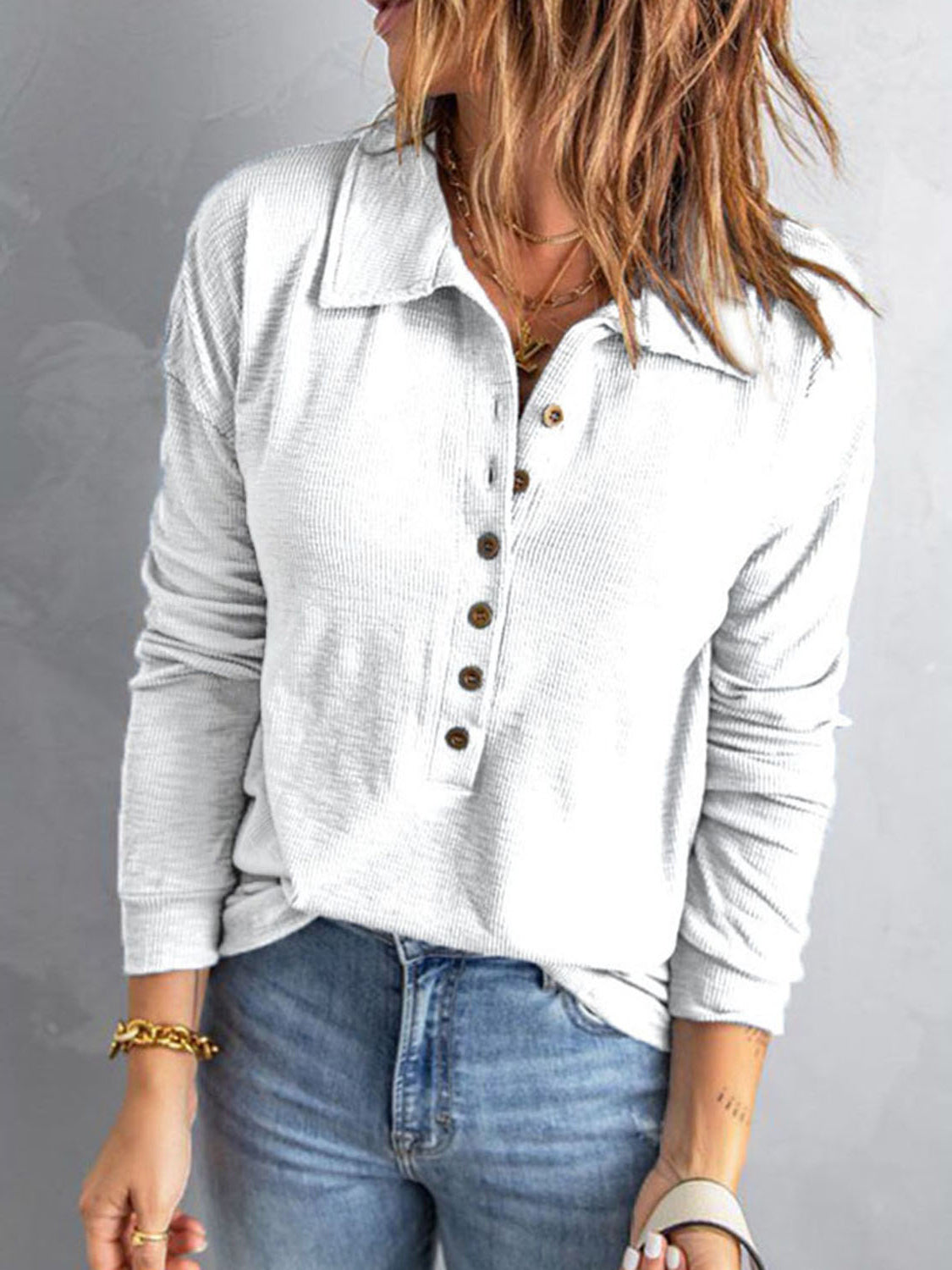 Collared Neck Half Button Top - Pahabu - Women's Clothing & Shop