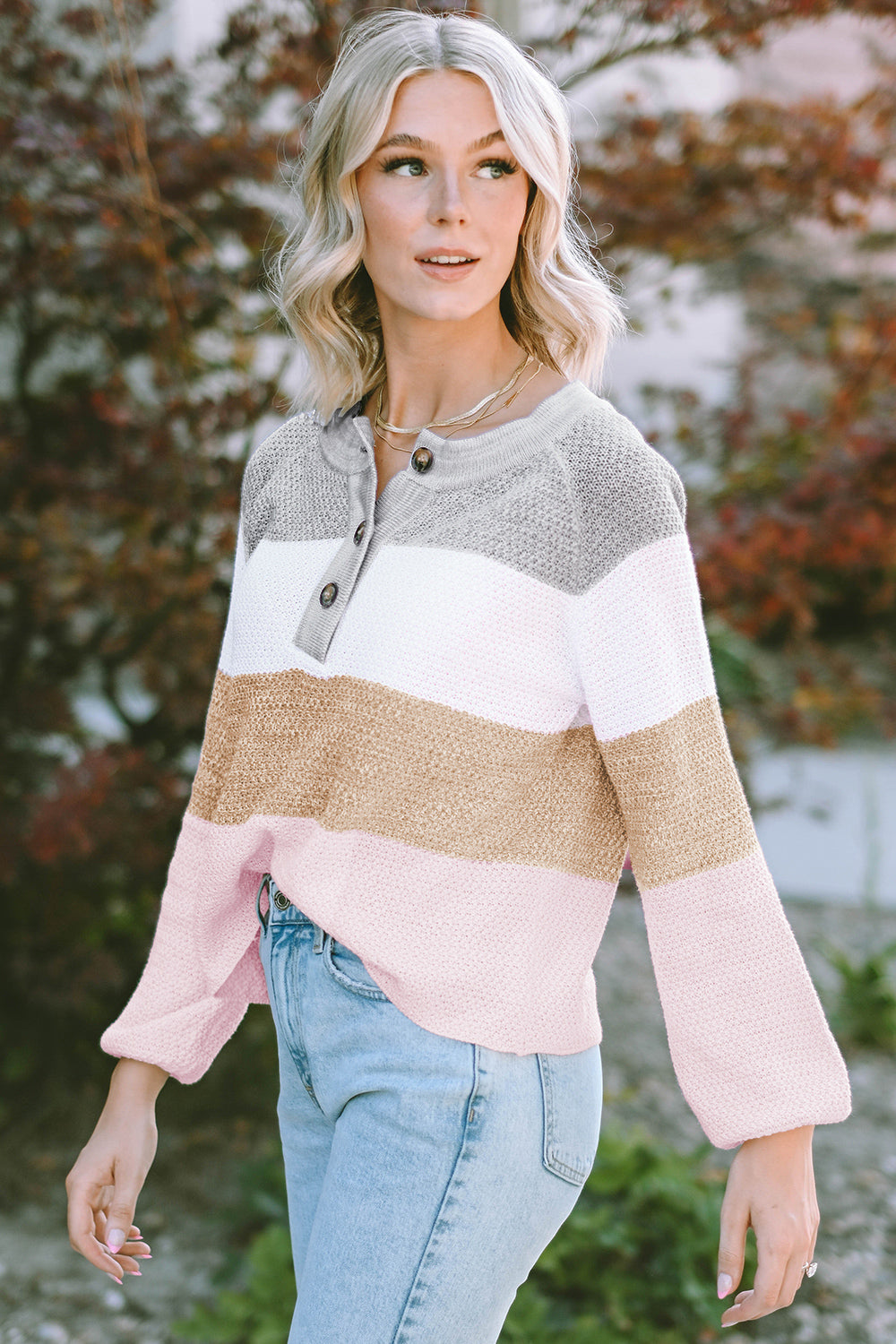 Round Neck Buttoned Long Sleeve Sweater - Pahabu - Women's Clothing & Shop