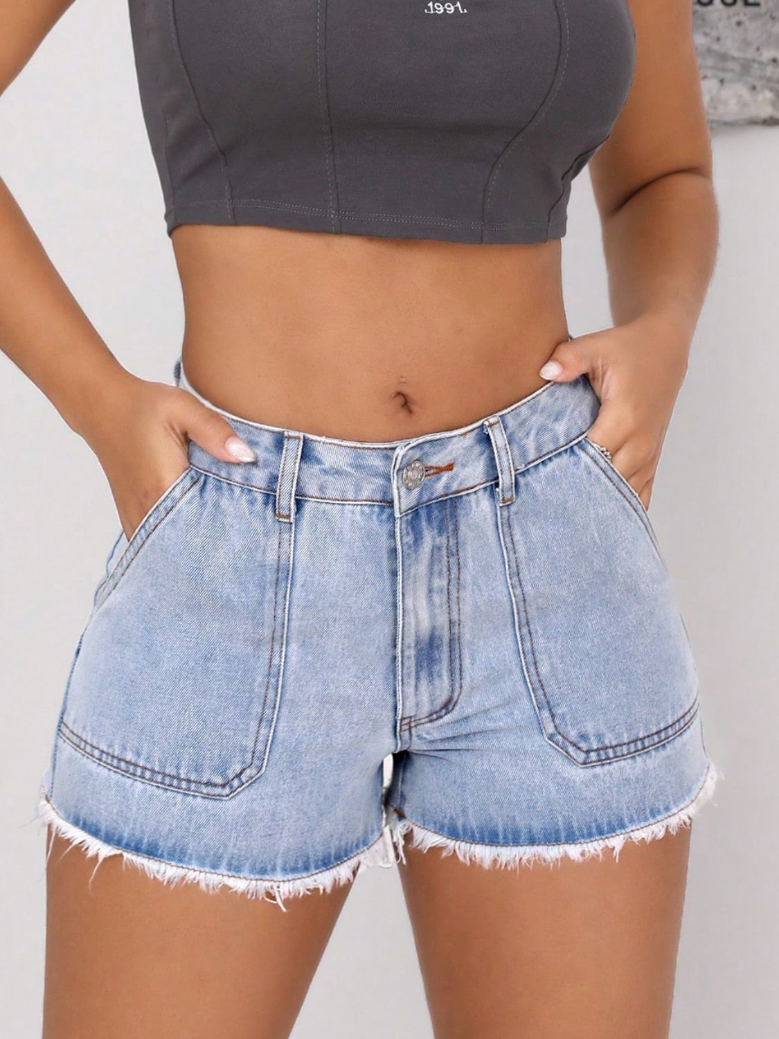 Raw Hem Pocketed Denim Shorts - Pahabu - Women's Clothing & Shop