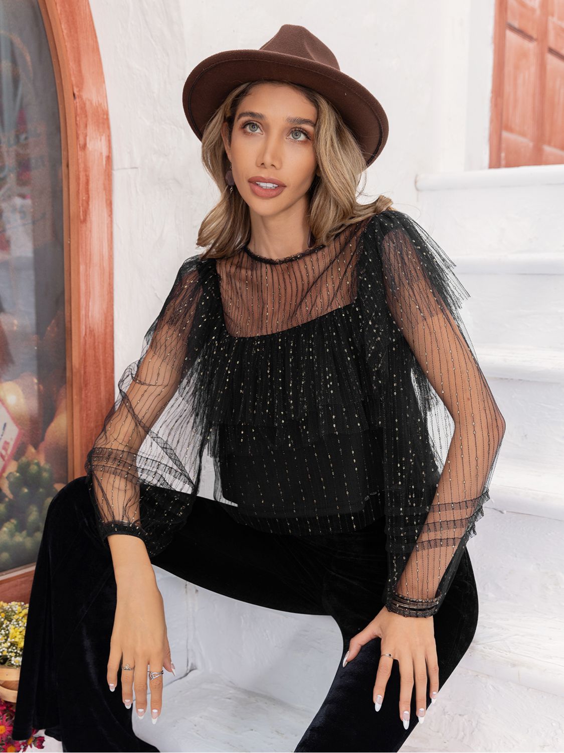 Round Neck Layered Long Sleeve Blouse - Pahabu - Women's Clothing & Shop