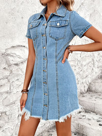 Raw Hem Button Up Short Sleeve Denim Dress - Pahabu - Women's Clothing & Shop