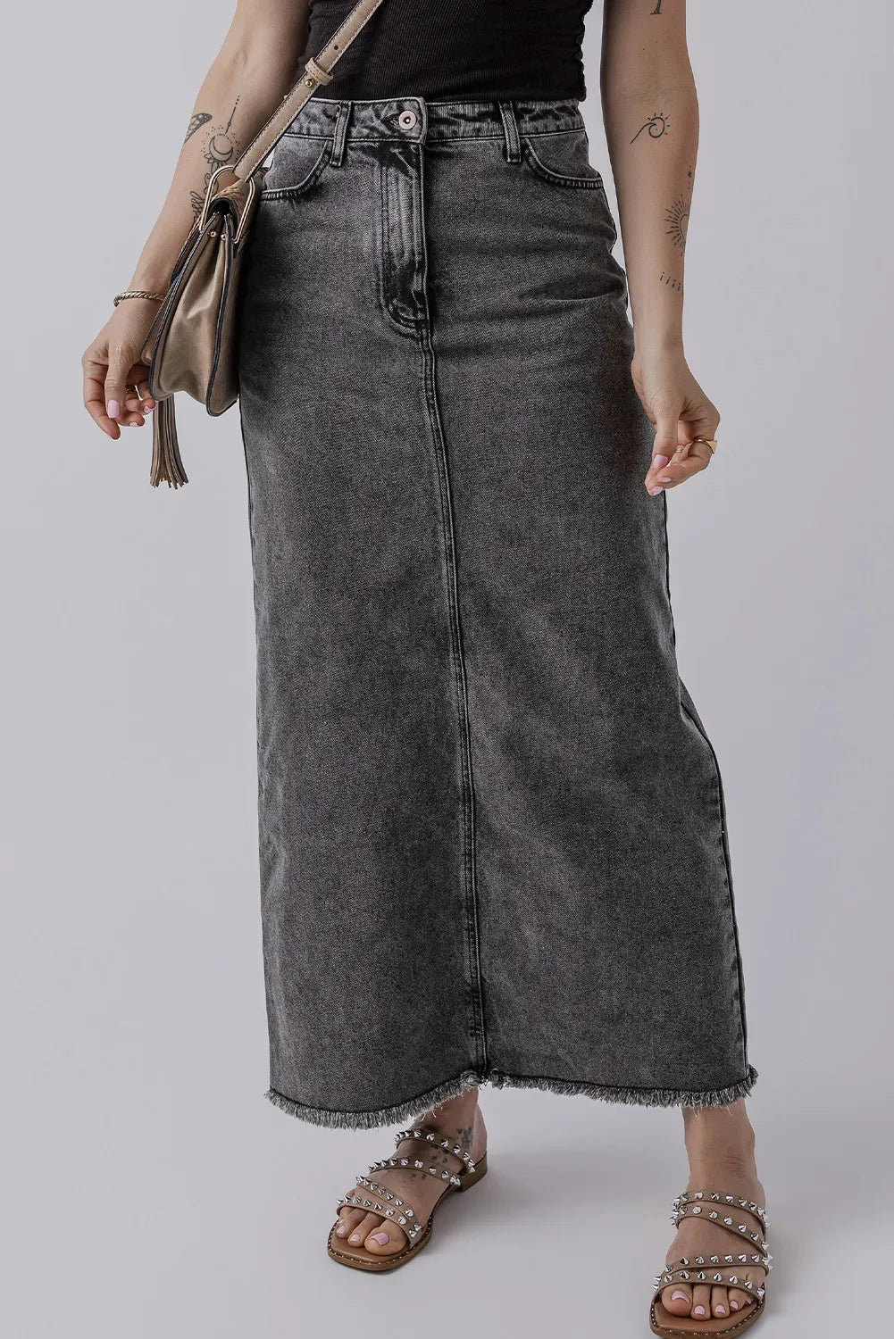 Raw Hem Midi Denim Skirt with Pockets - Pahabu - Women's Clothing & Shop