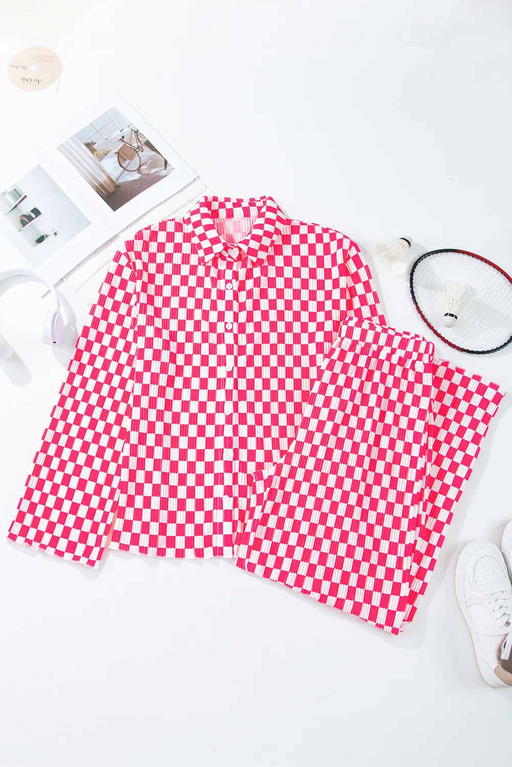 Checkered Button Up Top and Pants Lounge Set - Pahabu - Women's Clothing & Shop