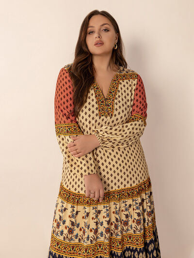 Plus Size Printed V-Neck Long Sleeve Maxi Dress - Pahabu - Women's Clothing & Shop