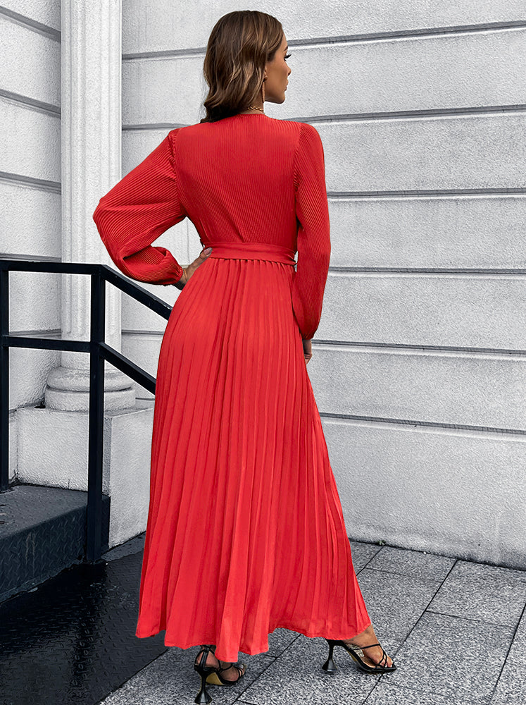 V-Neck Tie Waist Pleated Maxi Dress - Pahabu - Women's Clothing & Shop