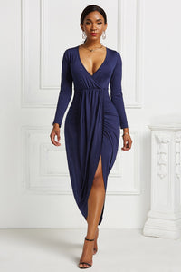 High-low Ruched Surplice Long Sleeve Dress - Pahabu - Women's Clothing & Shop