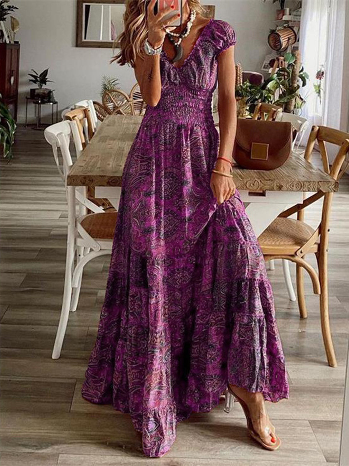 Full Size Smocked Printed V-Neck Short Sleeve Dress - Pahabu - Women's Clothing & Shop