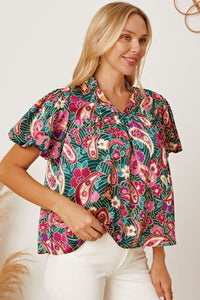 Floral Collared Neck Short Sleeve Blouse - Pahabu - Women's Clothing & Shop