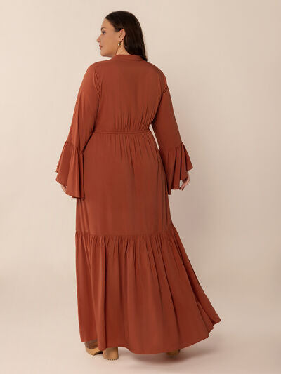Plus Size Ruffled Notched Long Sleeve Midi Dress - Pahabu - Women's Clothing & Shop