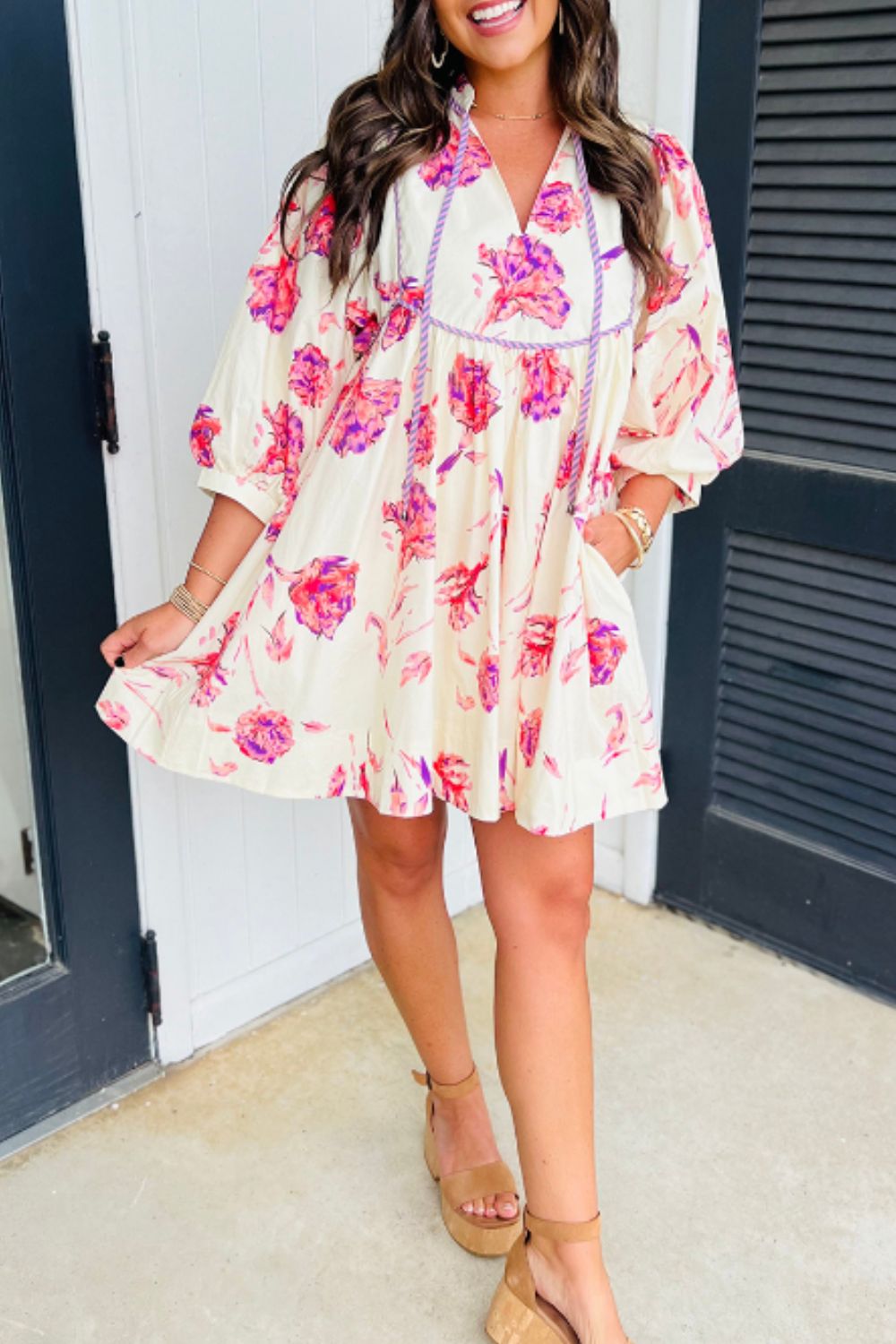 Tied Flower Printed Three-Quarter Sleeve Dress - Pahabu - Women's Clothing & Shop