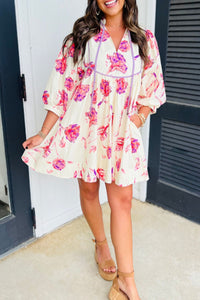 Tied Flower Printed Three-Quarter Sleeve Dress - Pahabu - Women's Clothing & Shop