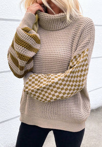 Striped & Checkered Turtleneck Dropped Shoulder Sweater - Pahabu - Women's Clothing & Shop