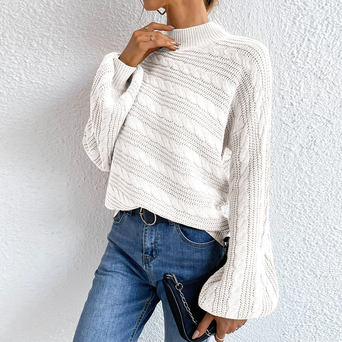 Cable-Knit Mock Neck Long Sleeve Sweater - Pahabu - Women's Clothing & Shop