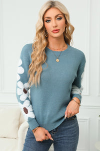 Flower Round Neck Long Sleeve Sweater - Pahabu - Women's Clothing & Shop