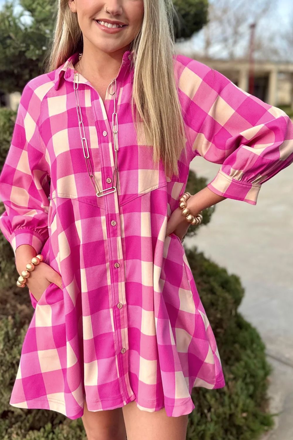 Ruched Plaid Three-Quarter Sleeve Shirt Dress - Pahabu - Women's Clothing & Shop