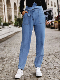 Tied Straight Jeans with Pockets - Pahabu - Women's Clothing & Shop