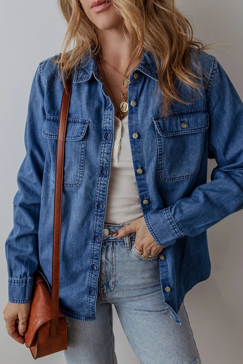 Button Up Long Sleeve Denim Jacket - Pahabu - Women's Clothing & Shop
