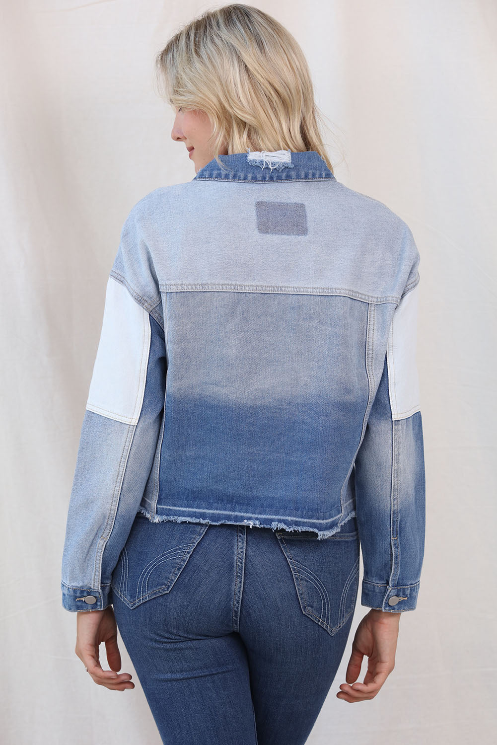 Color Block Distressed Button Up Denim Jacket - Pahabu - Women's Clothing & Shop