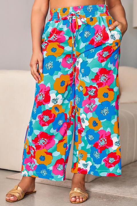 Plus Size Floral Drawstring Wide Leg Pants with Pockets - Pahabu - Women's Clothing & Shop