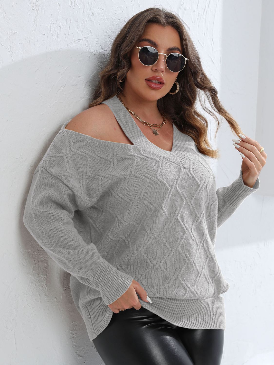 Plus Size Cutout V-Neck Sweater - Pahabu - Women's Clothing & Shop