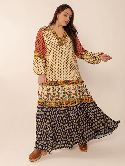Plus Size Printed V-Neck Long Sleeve Maxi Dress - Pahabu - Women's Clothing & Shop