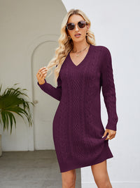 Cable-Knit V-Neck Mini Sweater Dress - Pahabu - Women's Clothing & Shop
