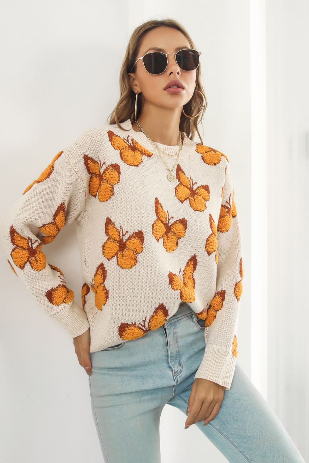 Butterfly Pattern Round Neck Dropped Shoulder Sweater - Pahabu - Women's Clothing & Shop