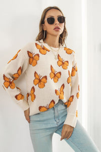 Butterfly Pattern Round Neck Dropped Shoulder Sweater - Pahabu - Women's Clothing & Shop
