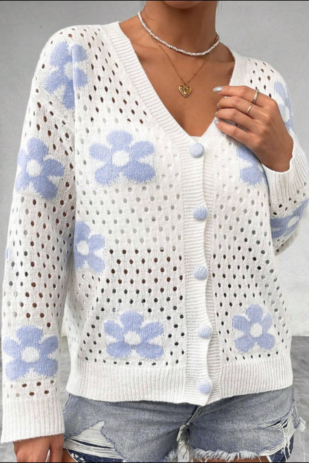 Flower Hollowed Out Button Down Long Sleeve Cardigan - Pahabu - Women's Clothing & Shop