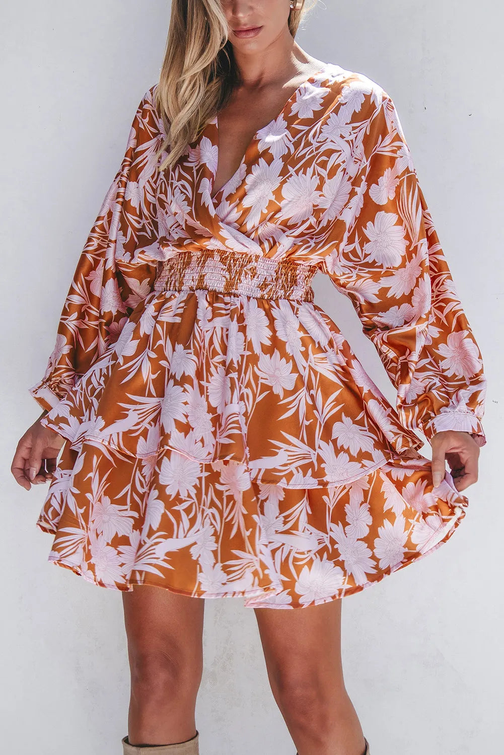 Smocked Printed Long Sleeve Mini Dress - Pahabu - Women's Clothing & Shop